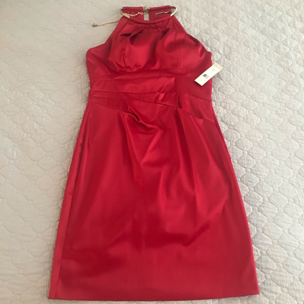 NWT ELIZA J Red Satin Halter Dress w/ Gold Choker